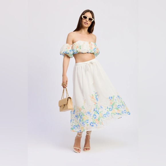 En Saison Julia Midi Skirt White Blue Multi Size Small NWT - Picture 1 of 9
